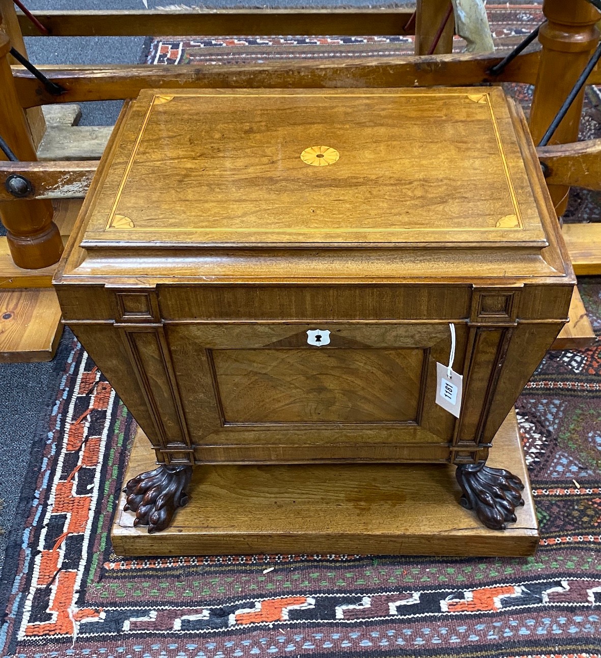 A George III and later mahogany cellarette on carved claw feet width 56, depth 43cm height 52 cm